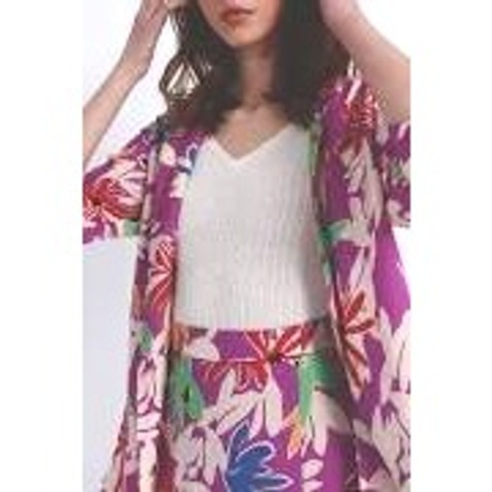 Lili Sidonio Purple Eva Floral Print Blazer Pockets Open Front Large Lightweight